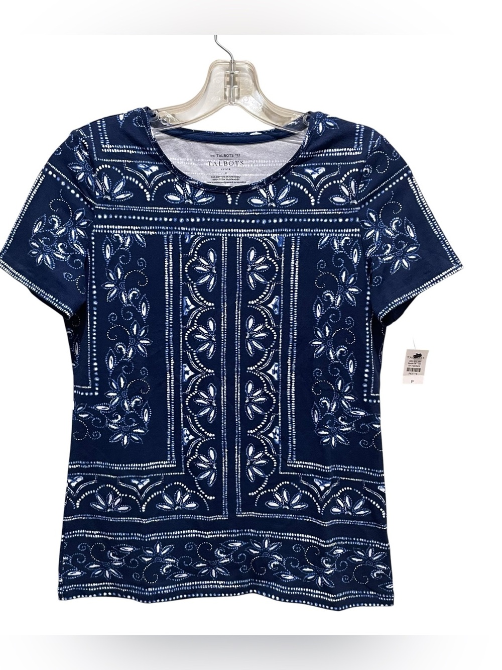 Talbots Crewneck Tee Floral Batik Blue White Short Sleeve Women’s Petite P NWT